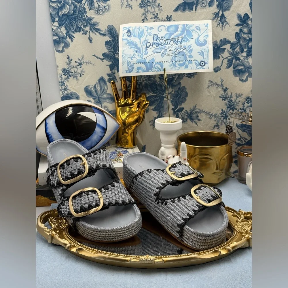 🆕 LOEFFLER RANDALL 🧿 NWOB Theo Embroidered Raffia Platform Sandal, Blue Sz 8
